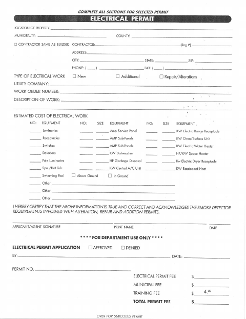 First page of the Electrical Permit Application