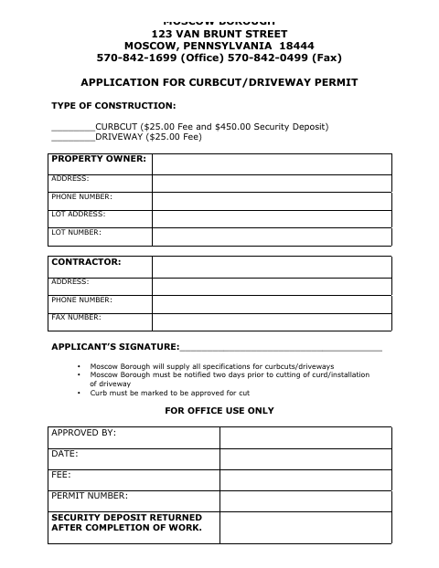 First page of the Curbcut/Driveway Permit Application