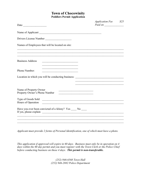 First page of the Peddlers Permit Application
