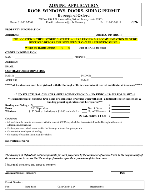 First page of the Zoning Application Roof, Windows, Doors, Siding Permit