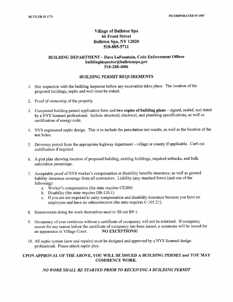 First page of the Building Department Requirements and Application