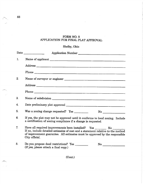 First page of the Application for Final Plat Approval