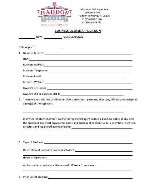 First page of the Business License Application for New Temporary or Seasonal Businesses