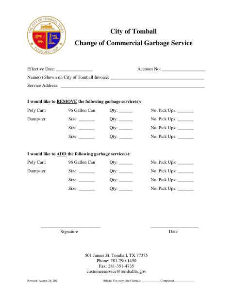 First page of the Change of Commercial Garbage Service