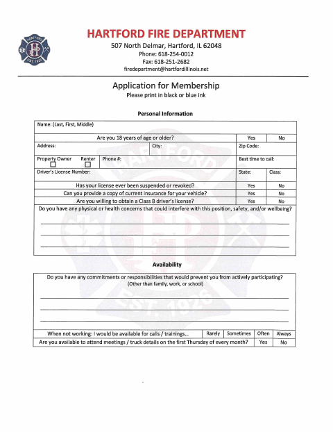 First page of the Fire Department Membership Application