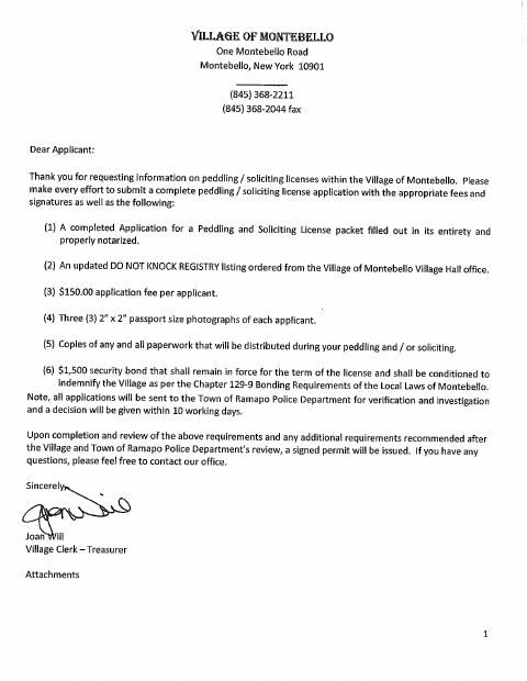 First page of the Peddling and Soliciting License Application