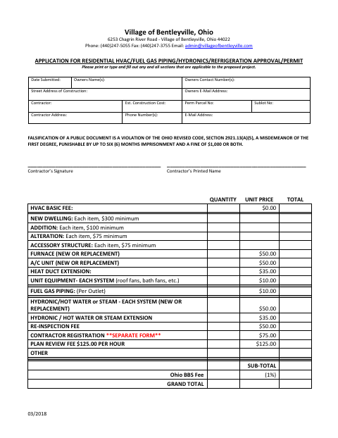 First page of the Residential HVAC/Fuel Gas Piping/Hydronics/Refrigeration Approval/Permit Application