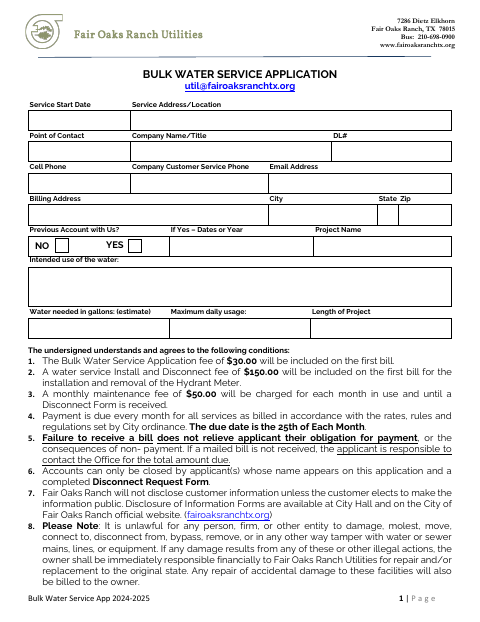 First page of the Bulk Water Service Application