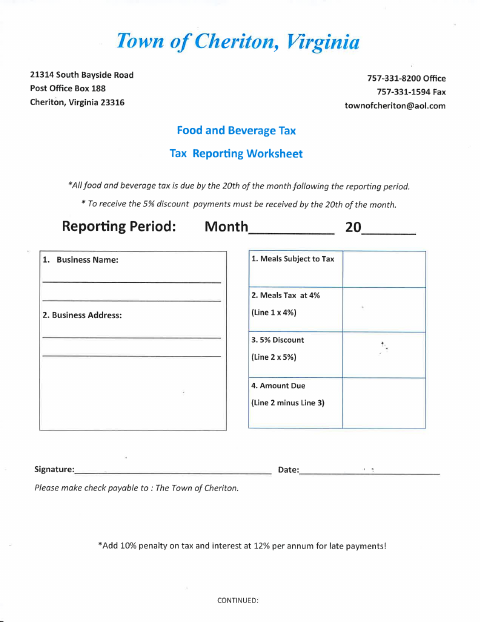 First page of the Food and Beverage Tax Reporting Worksheet