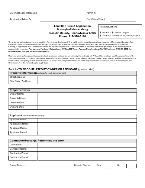 First page of the Land Use Permit Application
