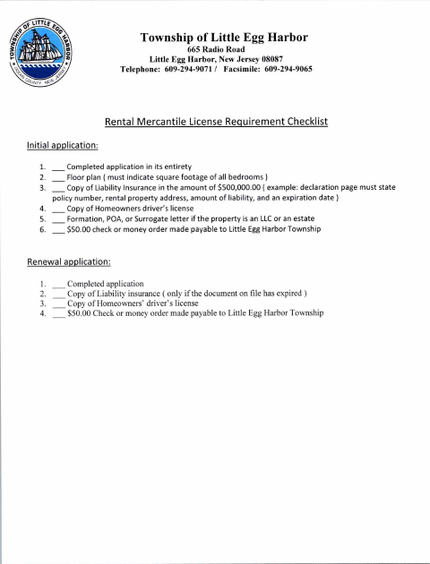 First page of the Residential Rental Mercantile License Application