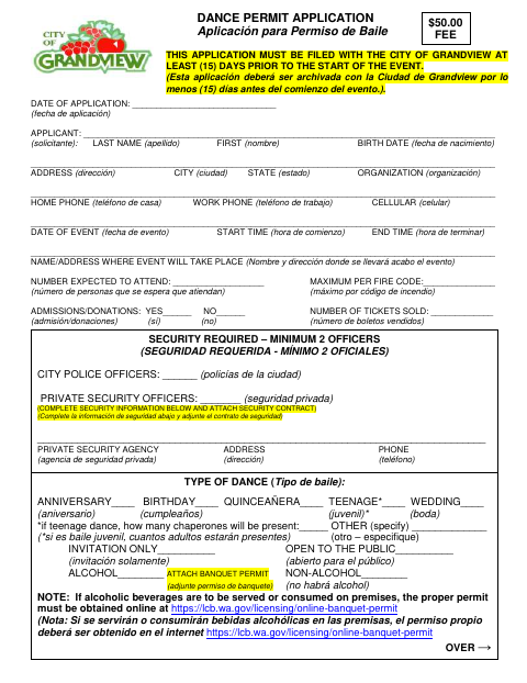 First page of the Dance Permit Application