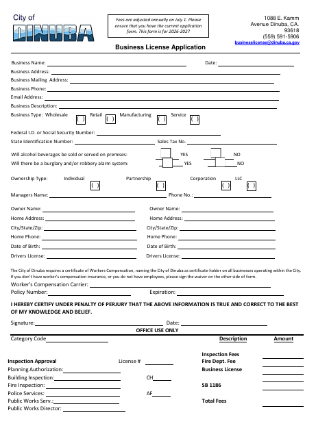 First page of the Business License Application