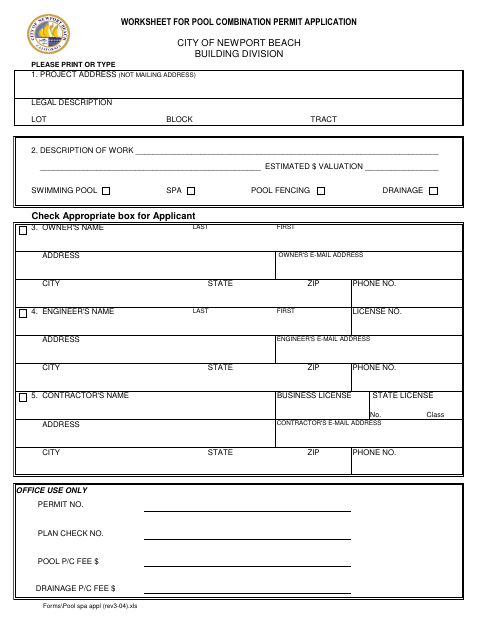 First page of the Swimming Pool / Spa Application