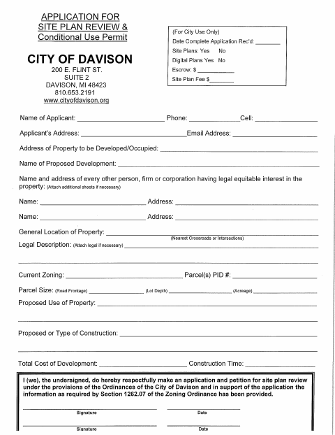 First page of the Site Plan Review and Conditional Use Permit Application