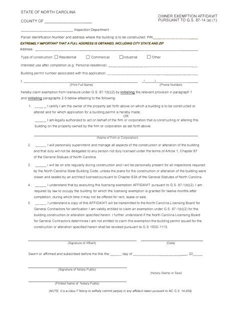 First page of the Owner Exemption Affidavit