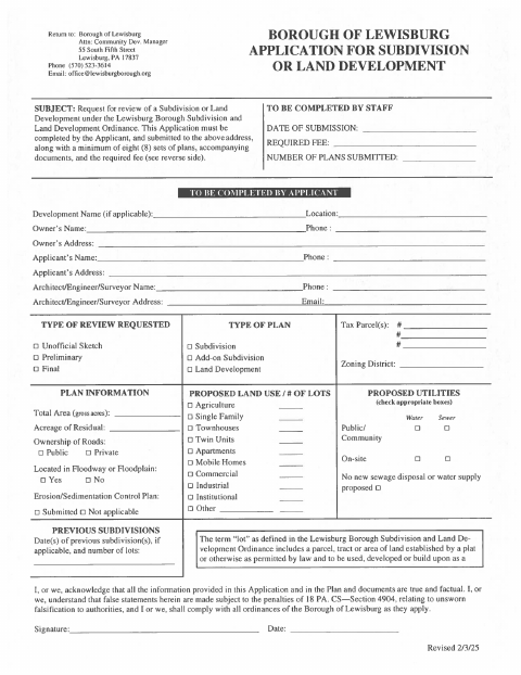 First page of the Subdivision and Land Development Application