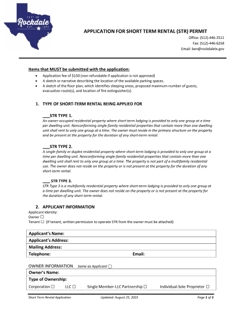First page of the Short-Term Rental Application