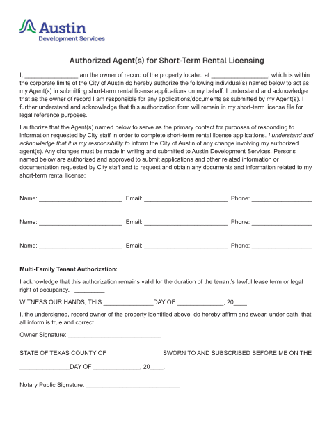 First page of the Short-Term Rental Agent Authorization Form
