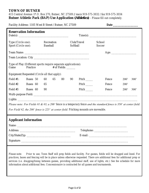 First page of the Athletic Park Use Application (Athletics)