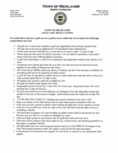 First page of the Golf Cart Regulations Acknowledgment