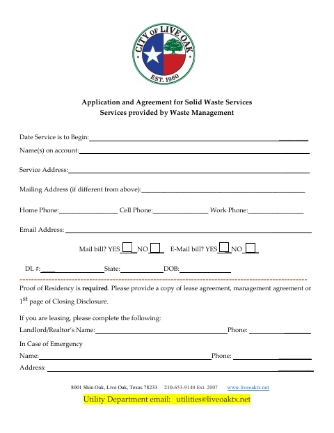 First page of the Application and Agreement for Solid Waste Services