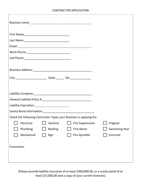 First page of the Contractor Application