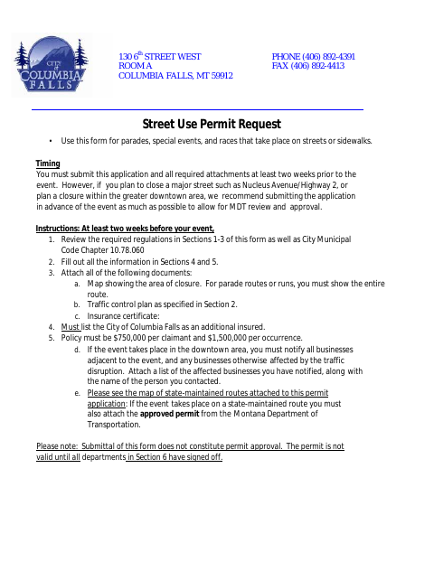 First page of the Street Use Permit Request
