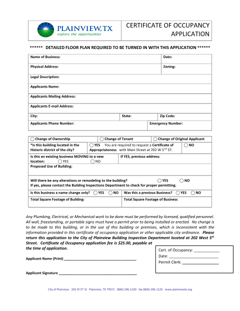 First page of the Certificate of Occupancy Application