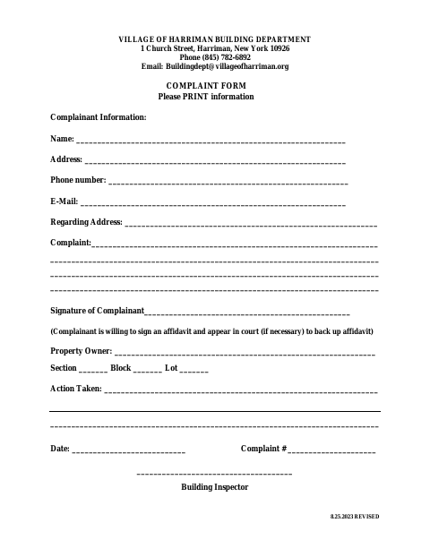First page of the Building Department Complaint Form