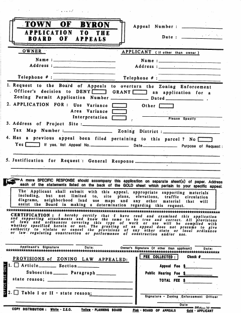 First page of the Zoning Board Appeals Application