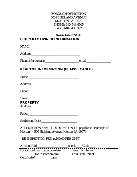 First page of the Residential Resale Property Owner Information
