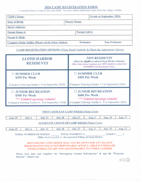 First page of the Summer Camp Registration Form