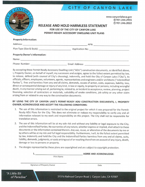First page of the Release and Hold Harmless Statement