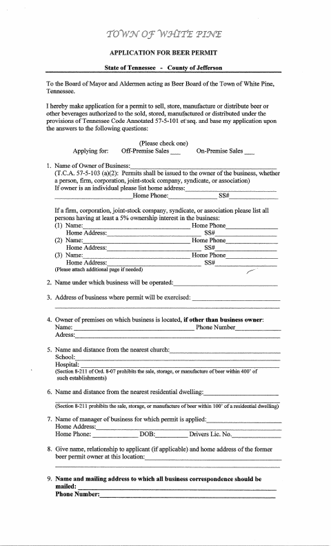First page of the Beer Permit Application
