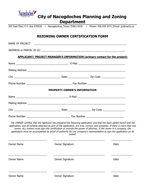 First page of the Rezoning Owner Certification Form