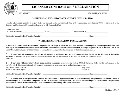 First page of the California Licensed Contractor’s Declaration