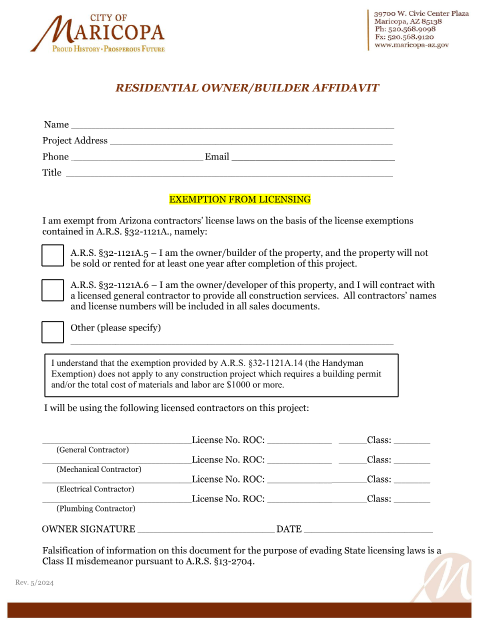 First page of the Residential Owner/Builder Affidavit