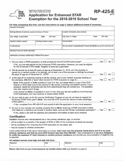 First page of the Enhanced STAR Exemption Application