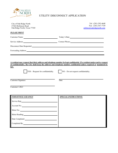 First page of the Utility Disconnect Application
