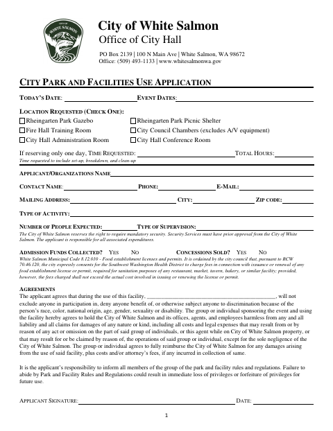 First page of the City Park and Facilities Use Application