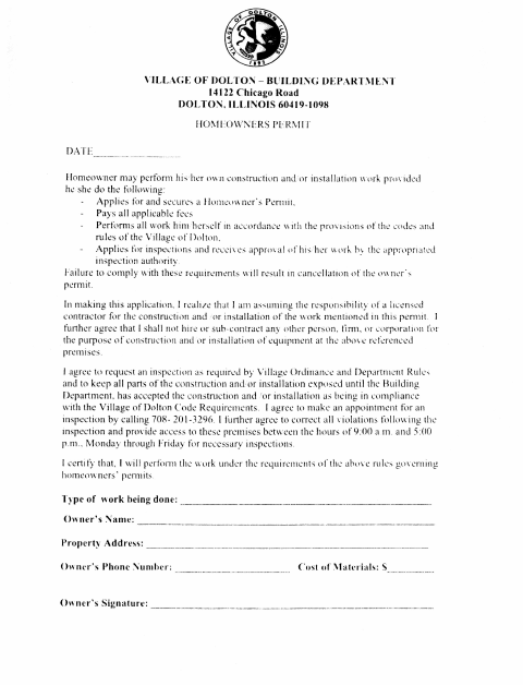 First page of the Homeowner's Permit Application