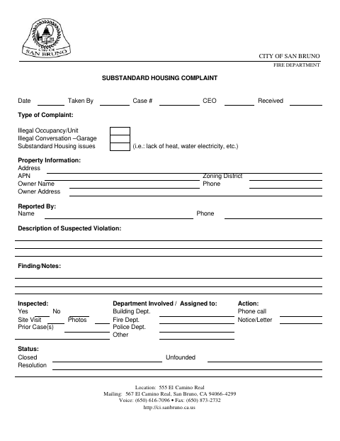 First page of the Substandard Housing Complaint