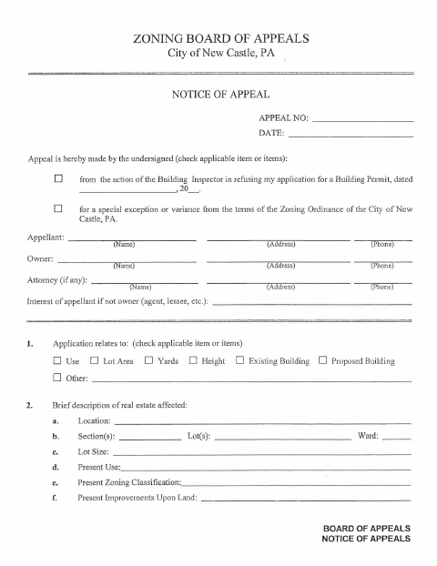First page of the Zoning Board of Appeals Application