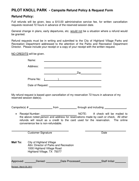 First page of the Pilot Knoll Park Campsite Refund Request Form