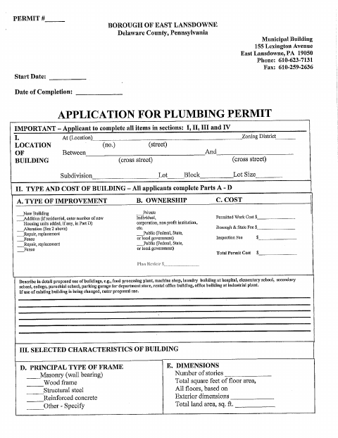 First page of the Plumbing Permit Application