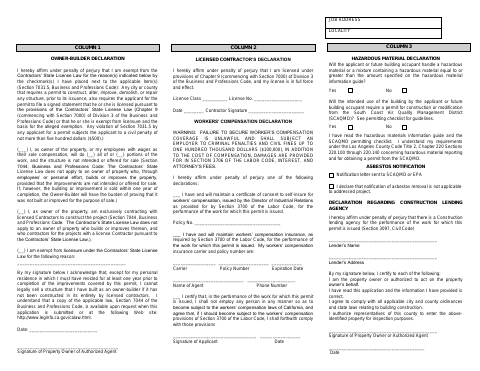 First page of the Declaration Form (Owner-Builder / Contractor / Workers' Comp)