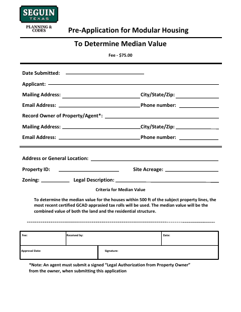 First page of the Pre-Application for Modular Housing Median Value Determination