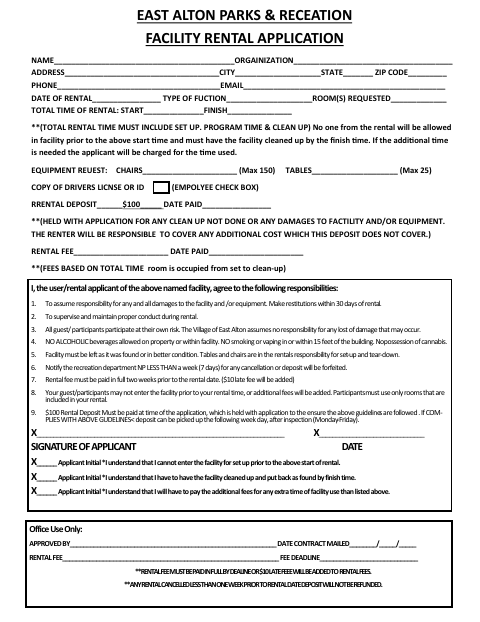 First page of the Parks & Recreation Facility Rental Application
