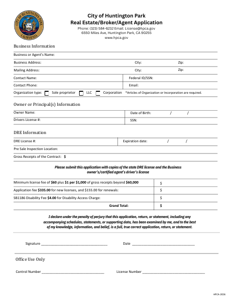 First page of the Real Estate/Broker/Agent Application